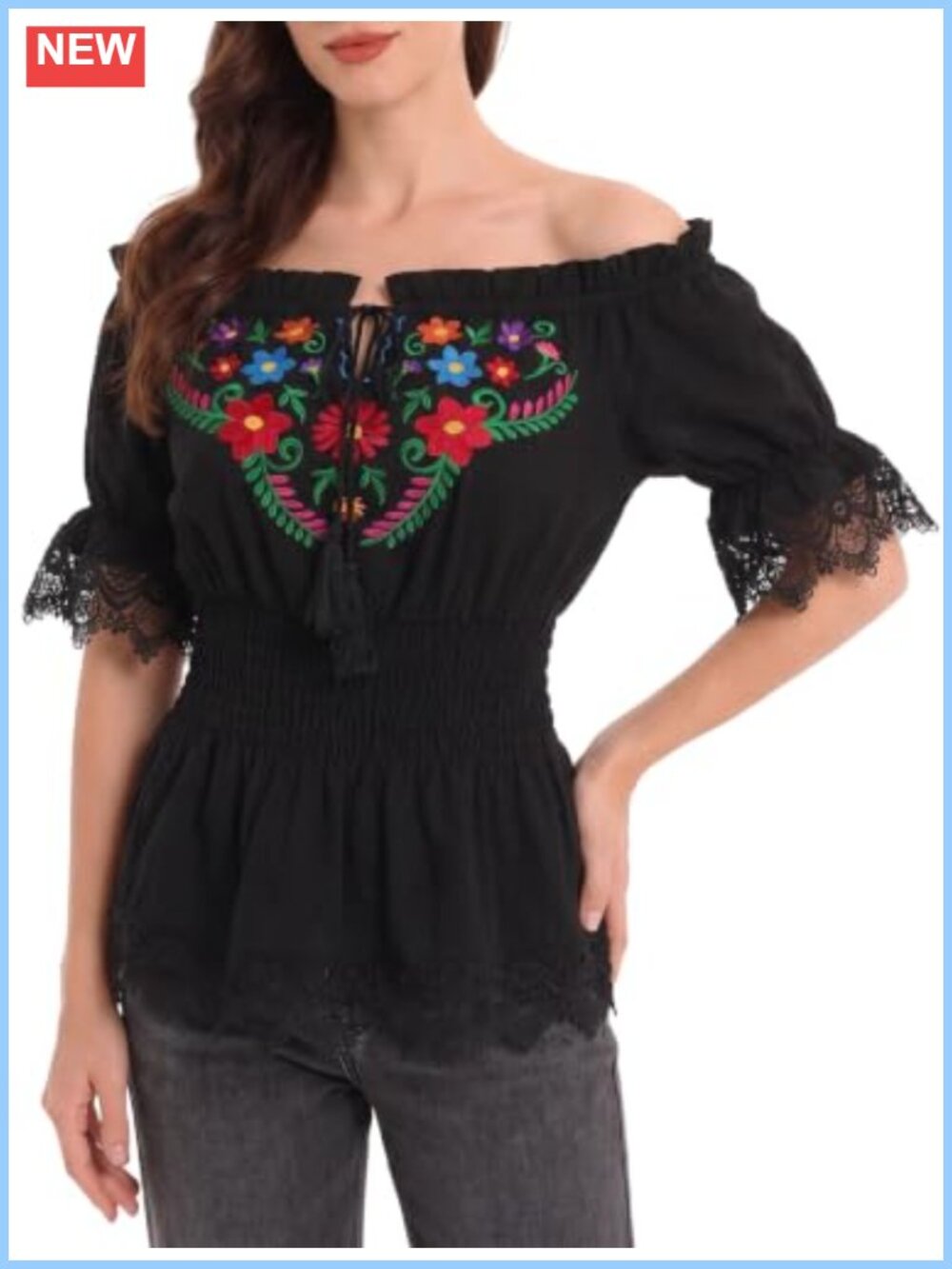 Mexican Embroidered Peasant Blouse 100% Cotton Bell Sleeve Top